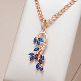 Luxury Rolled 14K Rose Gold AAA Zircon Crystals Luxury Blue Leaf Shape Pendant And Necklace For Women