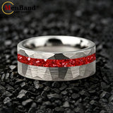 Hammered Faceted Brushed Finish Red Crystal Stone Inlay Gold Color Tungsten Rings