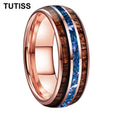 Blue Crystal Stone Inlaid Hawaiian Koa Wood 6/8mm Tungsten Carbide Rings