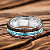Inlaid Hawaiian Koa Wood Sky Blue Crystal Stone 6/8mm Tungsten Carbide Rings