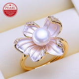 Pearl Flower 18KGP Five Pinkish-White Enamel Floral Petals AAA Zircon Diamonds Rings