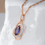 Luxury 14K Rolled Rose Gold AAA Purple Zircon Crystal Hollow Oval Pendant Necklace - Vintage Style Jewellery