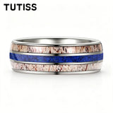 Deer Antler & Meteorite Inlay Silver 8mm Tungsten Carbide Mens Wedding Rings