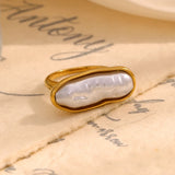 18K Gold Plated Stainless Steel Baroque Long Strip Faux Pearl Ring
