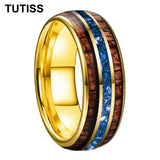 Blue Crystal Stone Inlaid Hawaiian Koa Wood 6/8mm Tungsten Carbide Rings