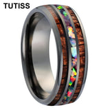Inlaid Hawaiian Koa Wood Crushed Fire Opal 6/8mm Black Tungsten Carbide Rings