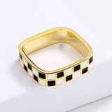 Hand Made Checkerboard Simple Black and White Enamel Plaid Open Ring