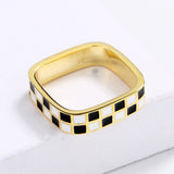 Hand Made Checkerboard Simple Black and White Enamel Plaid Open Ring