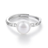 Vintage Greek Key Pattern Elegant Freshwater Pearl 925 Silver Ring