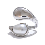 18K Gold Plated Stainless Steel Fashion Imitation Pearl or Tiger Eye Water Drop Elegant Ring