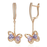 14 Karat Gold Filled Pink Purple AAA Zircon Diamonds Butterfly Shape Long Drop Earrings