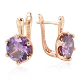 Luxury Amazing Six Claw Round Cut Purple 14K Rolled Rose Gold AAA Zircon Crystals Drop Earrings - Fashion Jewellery