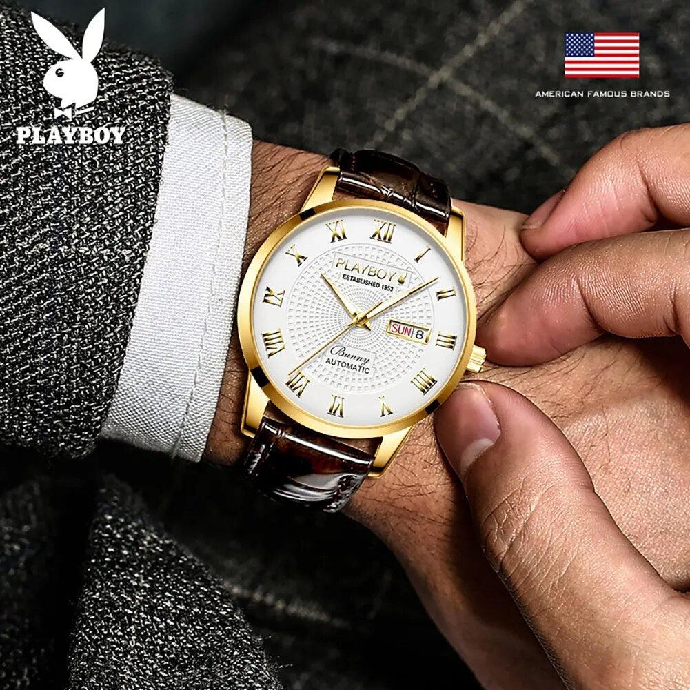 Top Brand Fashion High Quality Leather Waterproof Week Date Luxury Automatic Mechanical Men's Wristwatch - The Jewellery Supermarket