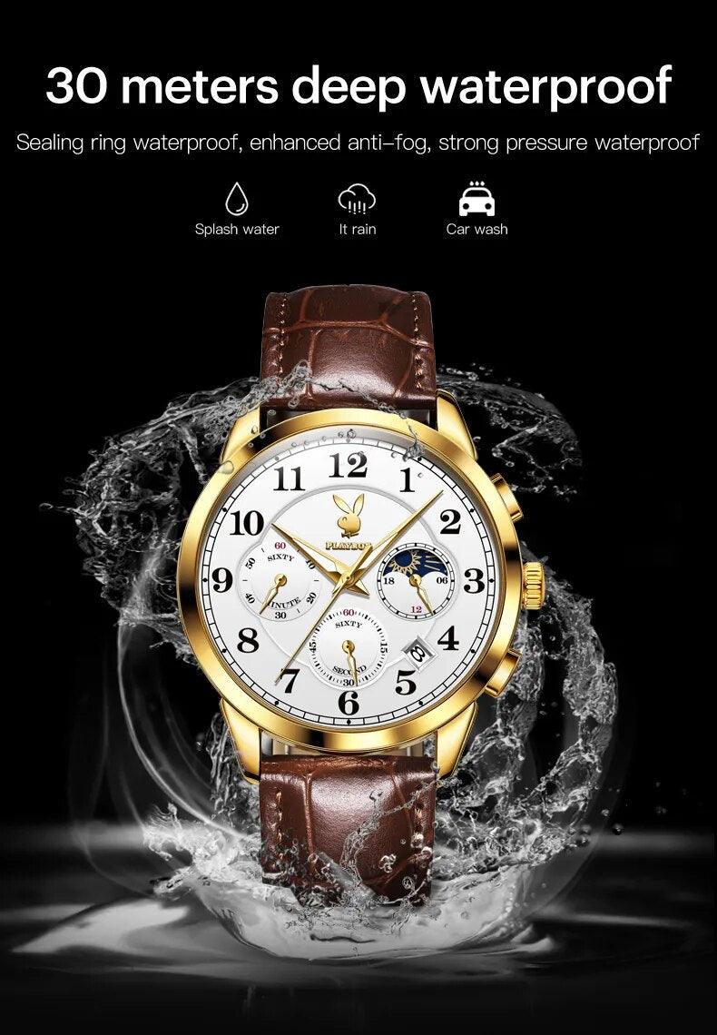 Luxury Brand Fashion Multifunctional Date Quartz Waterproof Leather Strap Watches for Men - The Jewellery Supermarket