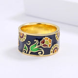 Vintage Elegant Black and Green Floral Handmade Enamel Silver 18KGP Ring