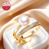 Elegant Bypass-Style Silhouette Real Pearl AAA Zircon Diamonds Gold Colour Ring