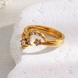 18K Gold Plated Stainless Steel Creative Design Shiny Rhinestone Moon Star Ring
