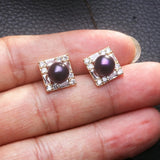 Square Design Real Multicolour Pearls AAA Zircon Diamonds Silver Stud Earrings