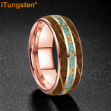 Whiskey Wood And Turquoise Gold Foil Inlay Unisex Tungsten Carbide Unisex Rings