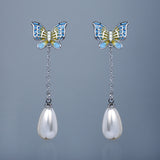 Fashion Long Butterfly Pearl Exquisite Handmade Enamel Earrings for Women