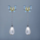 Fashion Long Butterfly Pearl Exquisite Handmade Enamel Earrings for Women