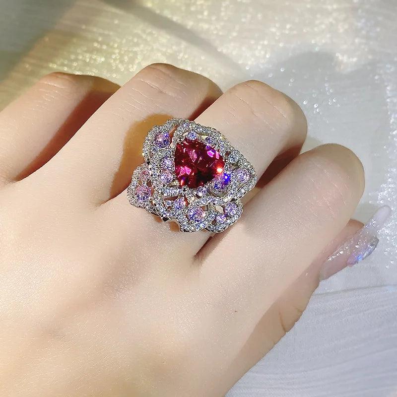 Remarkable Silver AAAAA High Carbon Diamond Color Ice Flower Cut Open Flower Big Ring, Ladies Birthday Jewellery - The Jewellery Supermarket