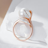 14 Karat Rolled Gold White Big Pearl AAA Zircon Diamonds Luxury Rings For Women