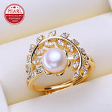 Real Pearl Inside a Floral-Inspired cup AAA Zircon Diamonds 18KGP Rings