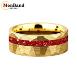Hammered Faceted Brushed Finish Red Crystal Stone Inlay Gold Color Tungsten Rings