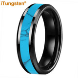 Blocky Turquoise Inlay Polished Bevel Edges Tungsten Carbide Rings for Men Women