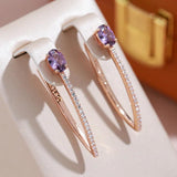 Terrific Oval Rolled 14K Rose Gold Purple AAA Zircon Crystals Personality Long Dangle Earrings - Fashion Jewellery