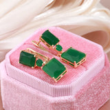 14 Karat Gold Filled Square Big Dark Green AAA Zircon Crystals Drop Vintage Earrings