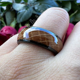 Whiskey Barrel Oak Wood Inlay Domed Polished Tungsten Engagement Wedding Rings