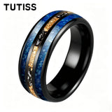 Polishing Dome Blue Glass Stone Meteorite Gold Foil Inlay 6mm 8mm Tungsten Rings