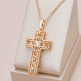 Luxury 14K Filled Rose Gold With AAA Zircon Diamonds Glossy Hollow Cross Pendant Necklace - Fashion Jewellery