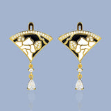 Exquisite Scalloped Flower Handmade White Black Enamel Zircon Diamonds Tassel Earrings