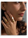 18K Gold Plated Stainless Steel Red Agate Stone Shell Geometric Chic Trendy Ring