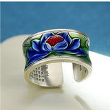 Wide Face Enamel Colourful Lotus Adjustable Open Style Retro Ethnic Handmade Ring