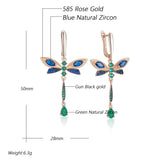 Dragonfly Design 14K Rolled Gold Blue AAA Zircon Crystals Dangle Vintage Earrings