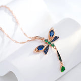 14k Rolled Gold Blue AAA Zircon Crystals Dragonfly Vintage Pendant Necklace For Women
