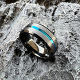 Beveled Edges Grooved Brushed Surface 8mm Black Blue Tungsten Carbide Rings