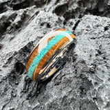Amazing Whiskey Barrel Oak Wood Crushed Turquoise Inlay Tungsten Carbide Rings