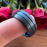 Domed Brushed Finish 8MM Black Blue Tungsten Carbide  Wedding Rings for Men Women