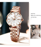 Elegant Luxury Zircon Diamond Rose Gold Colour Stainless Steel Waterproof Date Ladies Dress Wristwatches, Ideal Gift