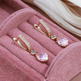 Attractive Rolled 14K Rose Gold Pink AAA Zircon Crystals Dangle Earrings For Women - Luxury Bride Jewellery