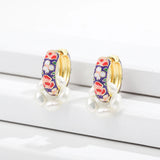 Boho Handmade Enamel Flowers Pearl Black Red Pink Vintage Gold Colour Hoop Earrings