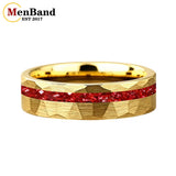 Hammered Faceted Brushed Finish Red Crystal Stone Inlay Gold Color Tungsten Rings