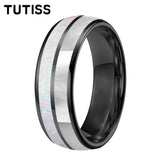 Dome Double Groove Inlaid With White Opal Stone Mother Of Pearl Shell Tungsten Rings
