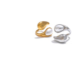 18K Gold Plated Stainless Steel Fashion Imitation Pearl or Tiger Eye Water Drop Elegant Ring