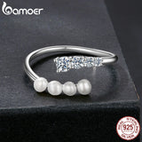 Elegant Freshwater Pearls 4 Stones Moissanite Round Cut Lab Diamond Silver Ring